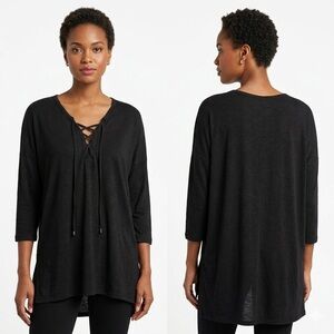 Pink Rose Black Lace-Up V-Neck Tunic